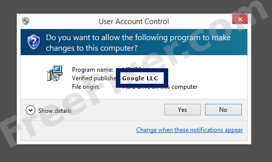 Screenshot where Google LLC appears as the verified publisher in the UAC dialog